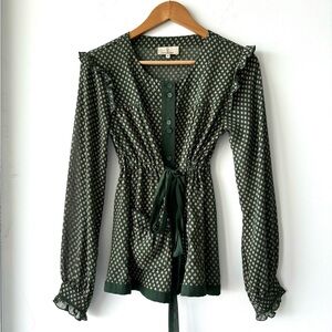 VTG Womens Blouse Green Four Leaf Clover Tie Waist Button 12 Cottagecore Peasant